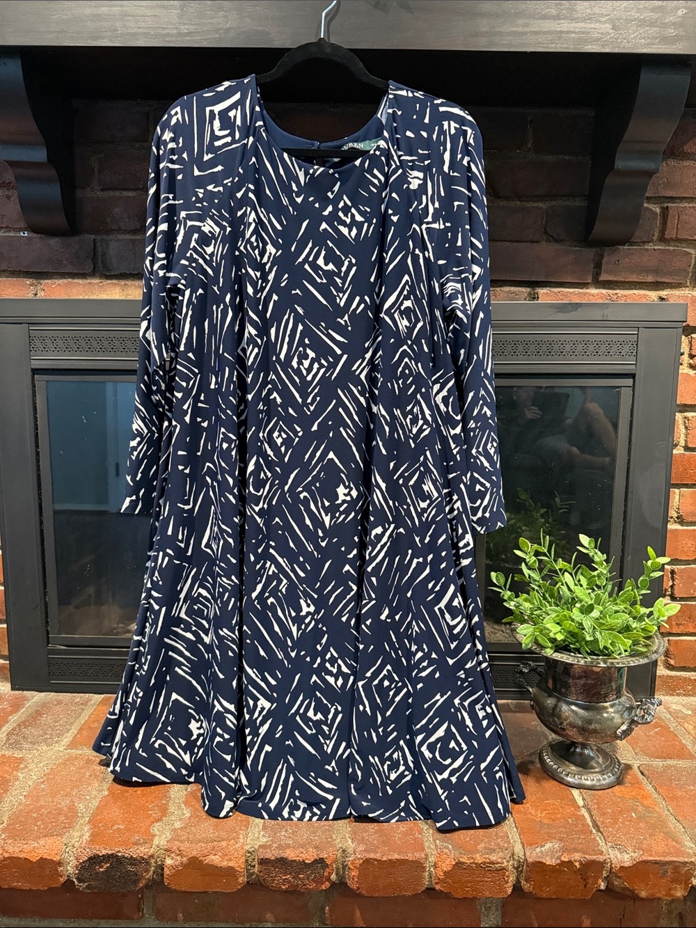 Ralph Lauren Navy and White Geometric Long-Sleeve Dress